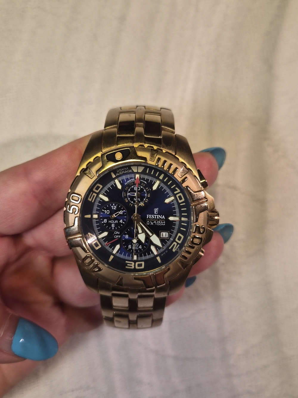 Mens Festina Watch Chronograph Gold Plated F 16119 Chrono Bike Blue Face ✨️💫 - Picture 4 of 13